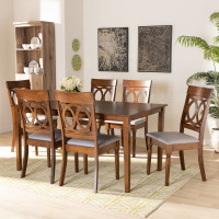 Baxton Studio RH333C-Grey/Walnut-DC-7PC Dining Set Lucie Modern and Contemporary Grey Fabric Upholstered and Walnut Brown Finished Wood 7-Piece Dining Set